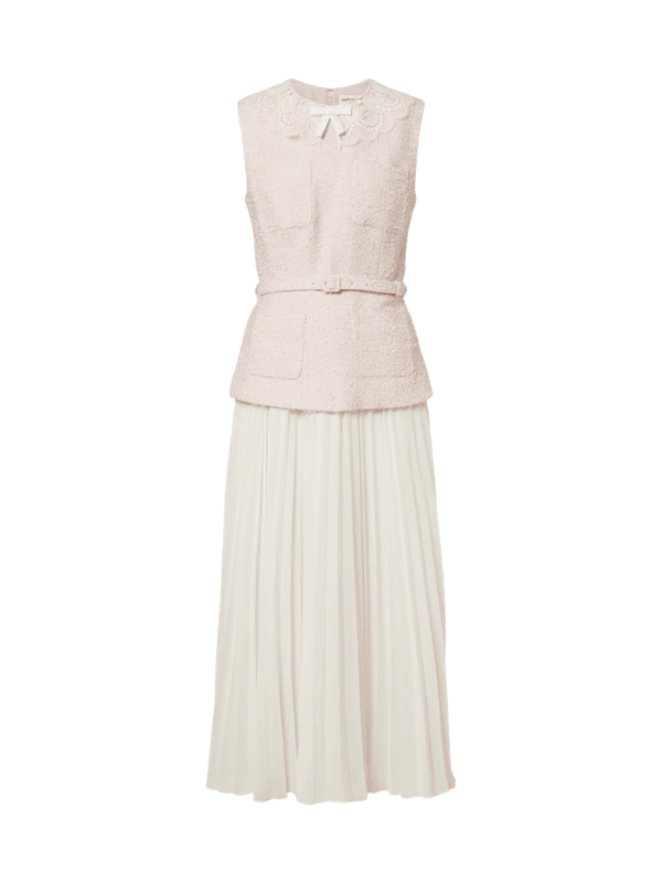 Self-Portrait Belted pleated bouclé and chiffon midi dress