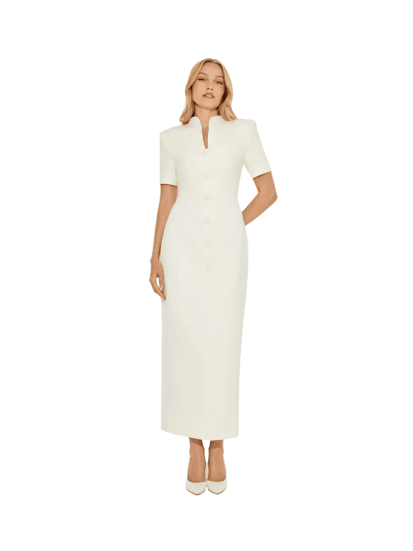 White Cotton Mix Button Midi Dress