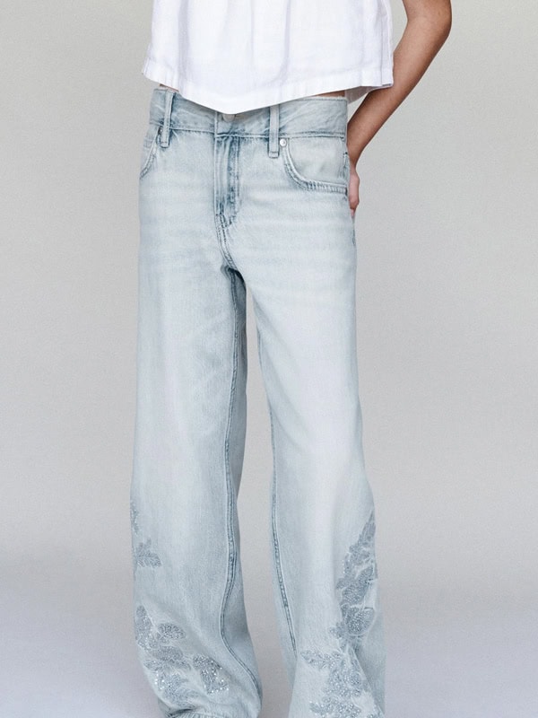ZARA RHINESTONE EMBROIDERED FLORAL WIDE LEG JEANS