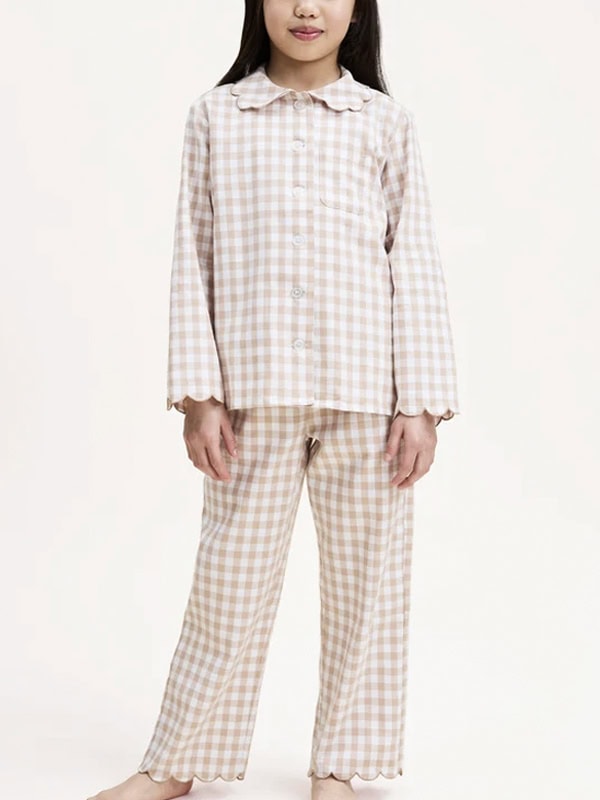 PETITE PLUME Kid's Twill Colette Pajama Set in Camel Gingham