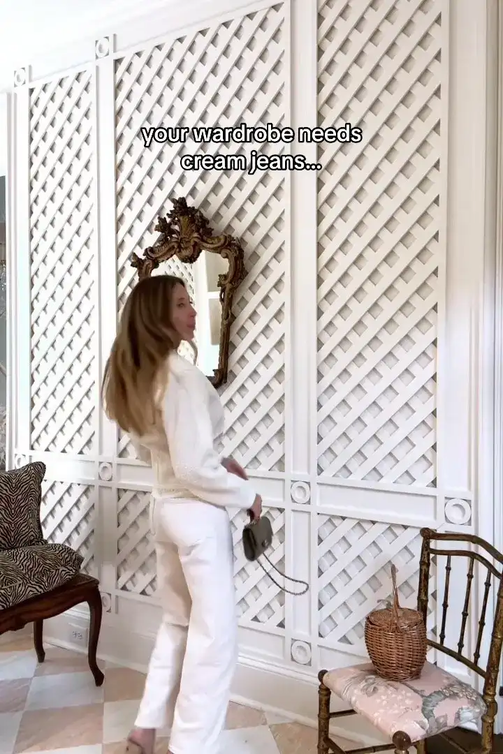 Emily of Born on Fifth cream jeans try-on - wearing wide leg cream jeans