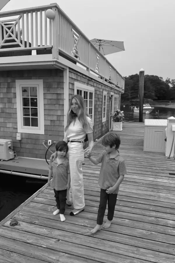 Emily of Born on Fifth and her sons on dock at a trip to Maine in the summer