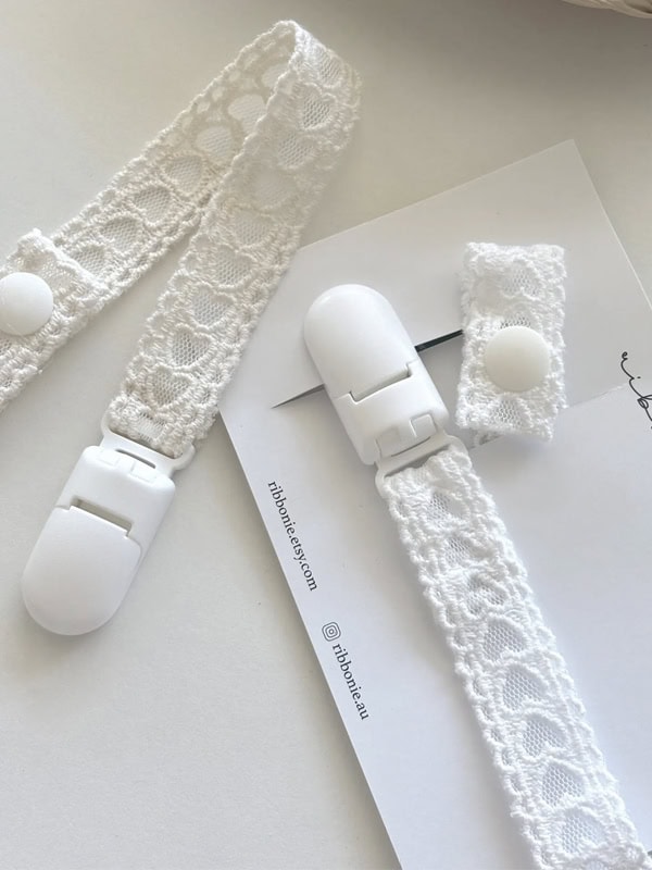 ETSY Ivory Lace Pacifier Clip, Vintage Style Baby Dummy Holder, Baptism Flower Girl Wedding