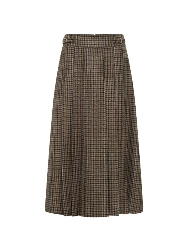 Wesley Pleated Skirt in Camel Multi Wool Silk Houndstooth