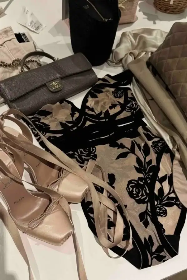 Feminine fashion details: EBY sheer bra set and Cassia ballet pumps