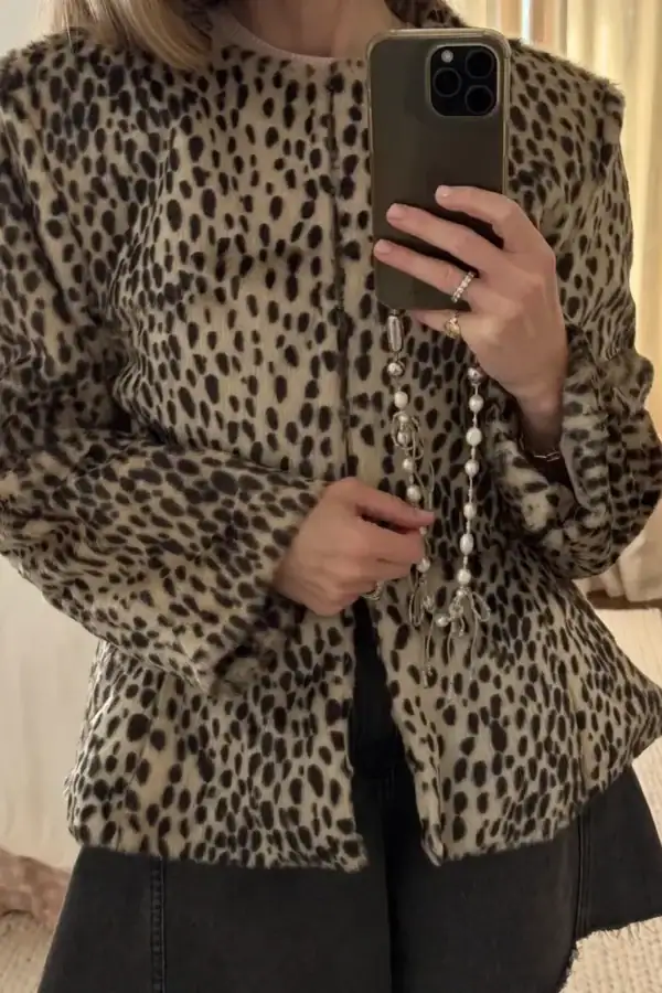 Wearing De Savary London Peplum Pony Hair Jacket in Dalmatian