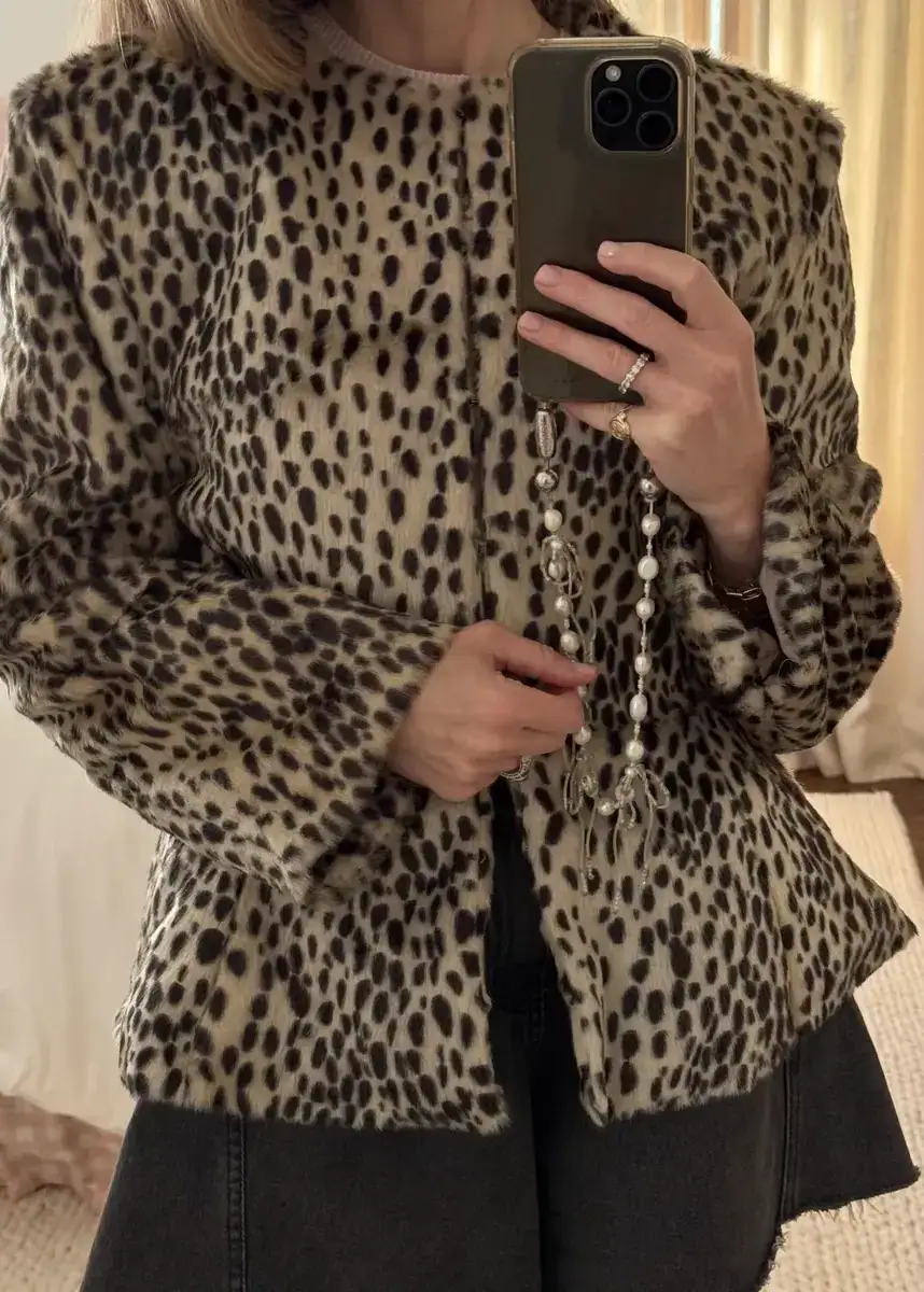 Wearing De Savary London Peplum Pony Hair Jacket in Dalmatian