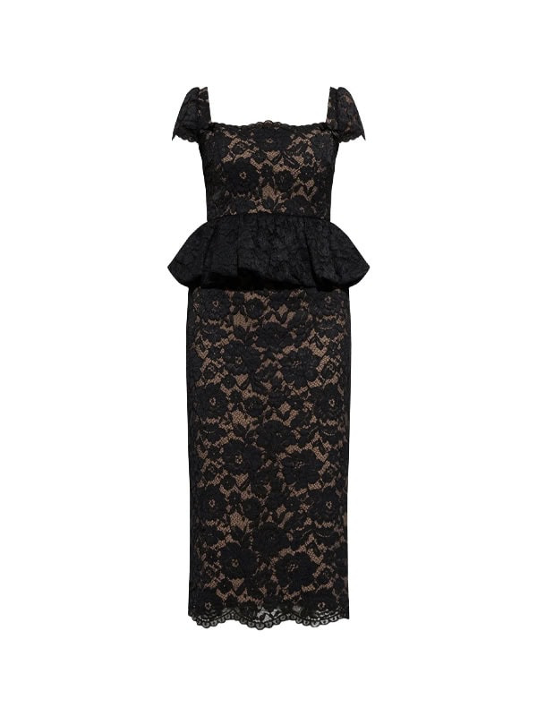 Self Portrait Black Fine Lace Peplum Midi Dress Black Fine Lace Peplum Midi Dress