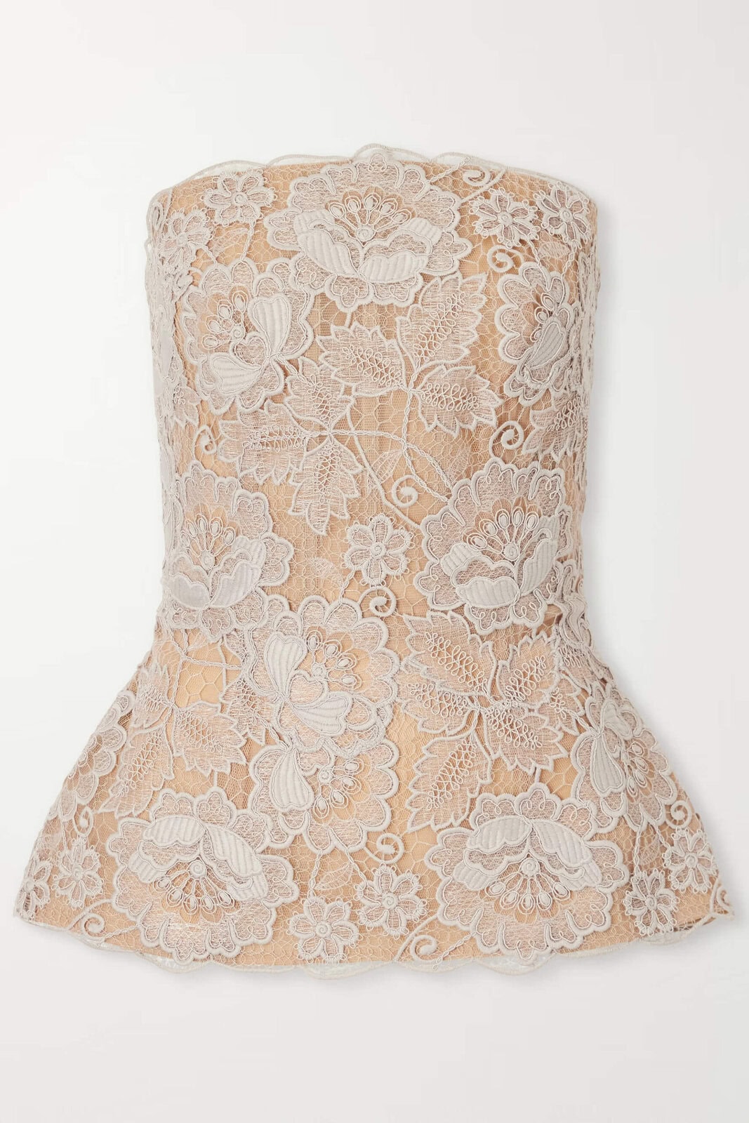 Scalloped peplum guipure lace bustier top