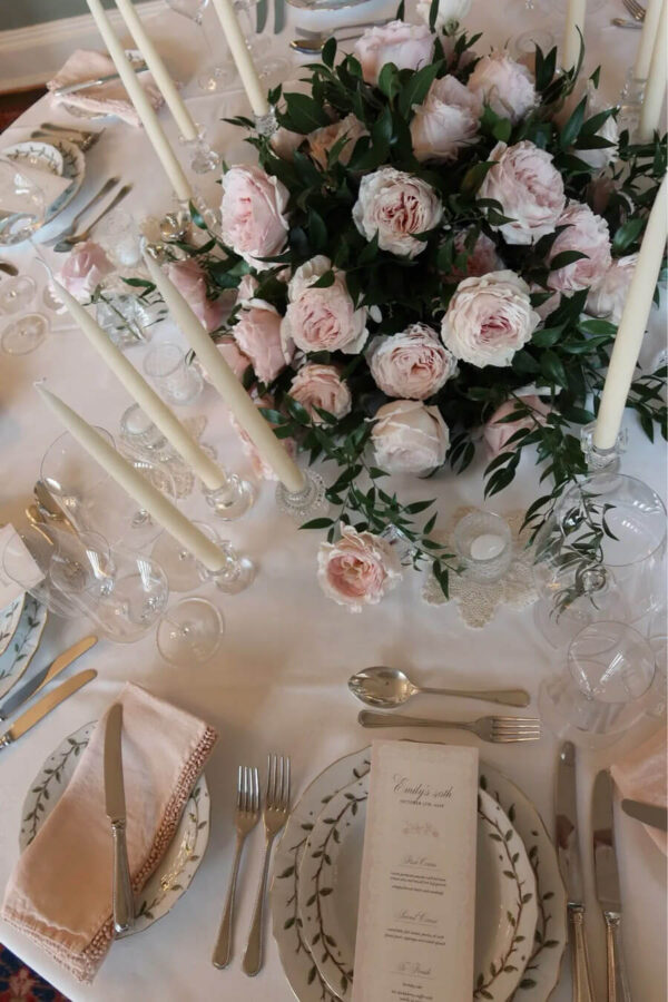 Garden roses centerpiece on pretty elegant tablescape